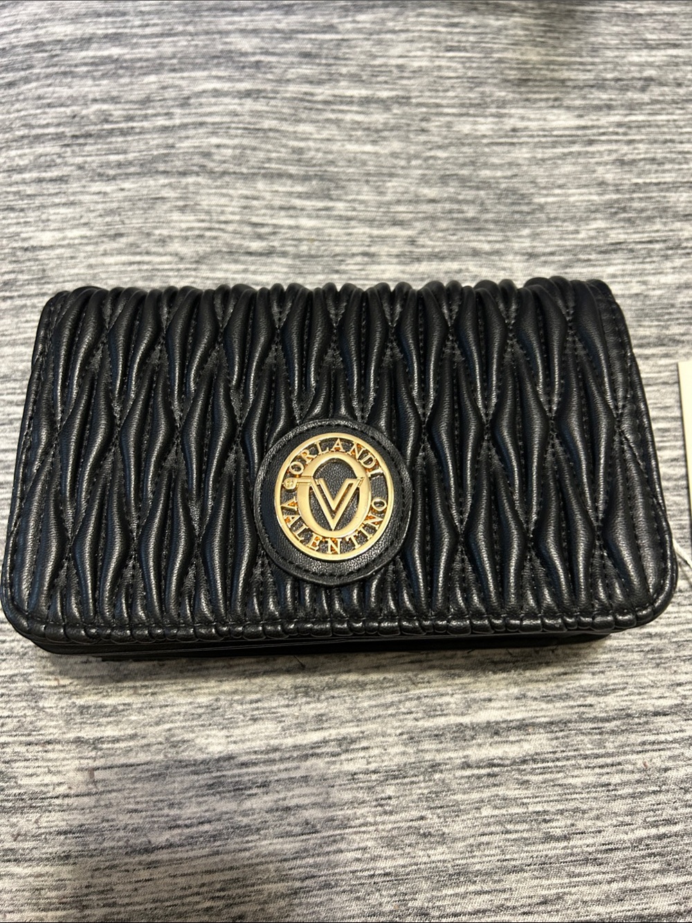 Orlandi Valentino Black Quilted Leather Card & Key Case with Gold Logo Medallion